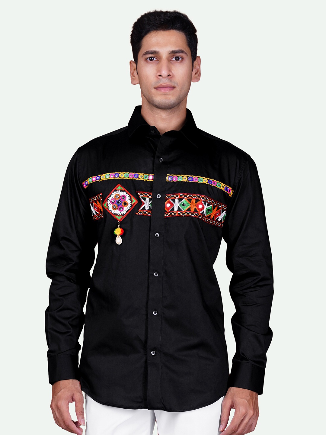 

FRENCH CROWN Standard Embroidered Cotton Casual Shirt, Black