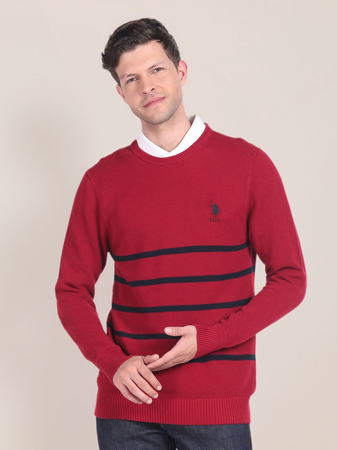 

U.S. Polo Assn. Striped Round Neck Cotton Pullover, Red