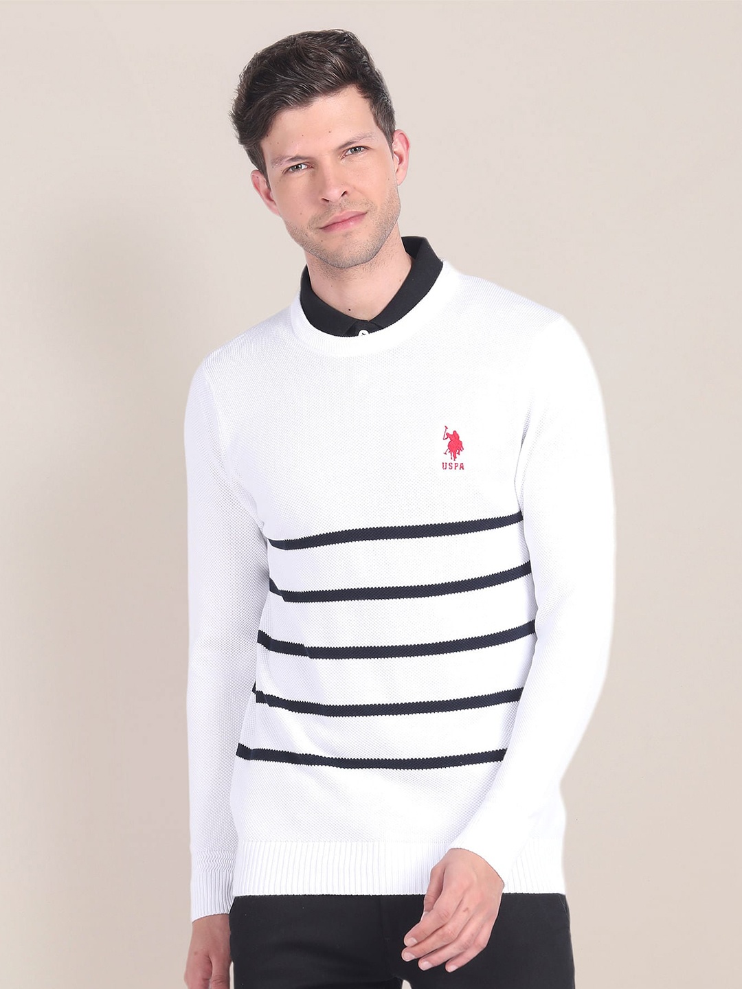 

U.S. Polo Assn. Striped Round Neck Cotton Pullover, White