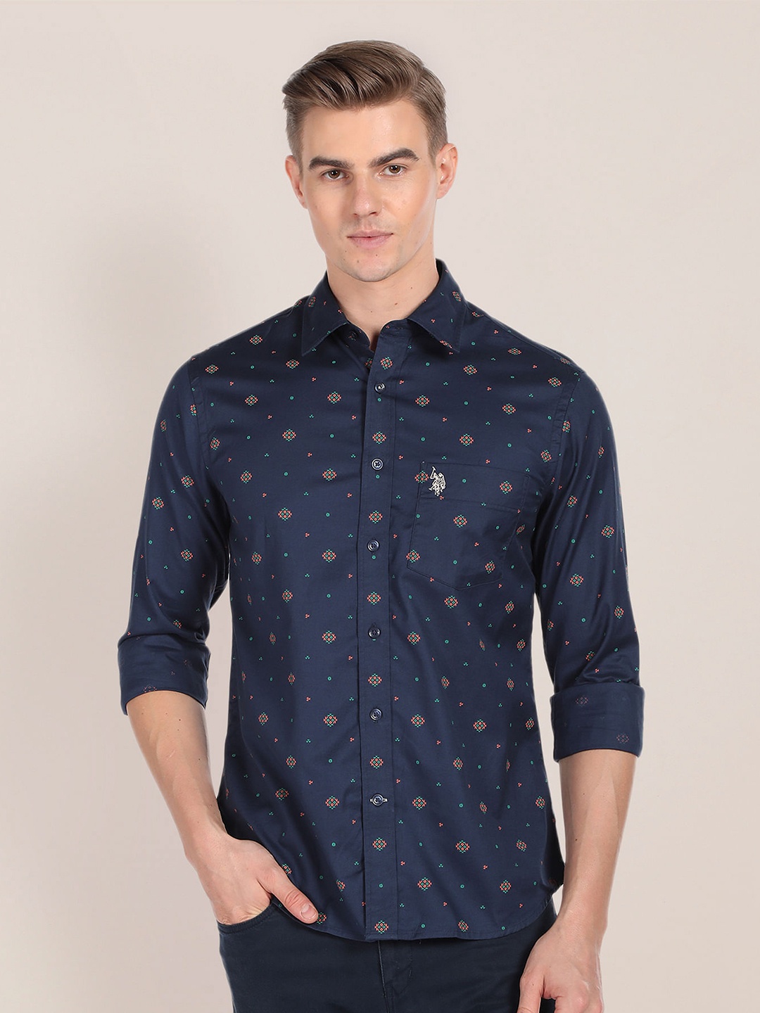 

U.S. Polo Assn. Geometric Printed Pure Cotton Casual Shirt, Navy blue