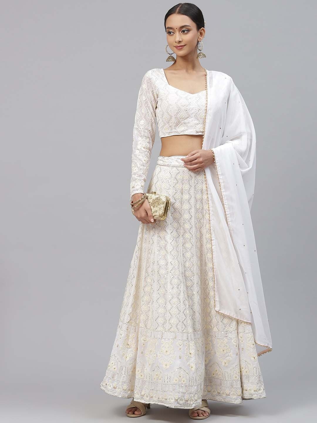 

FABPIXEL Embroidered Sequinned Semi-Stitched Lehenga & Unstitched Blouse With Dupatta, White