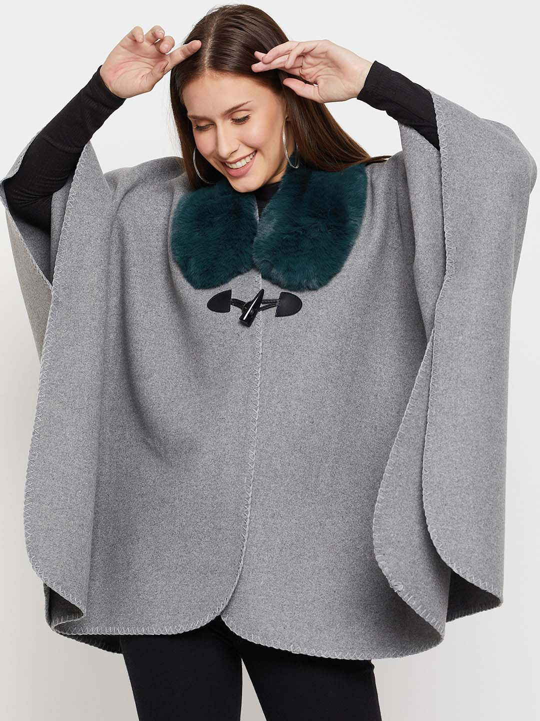 

Camey V-Neck Fuzzy Woollen Poncho, Grey