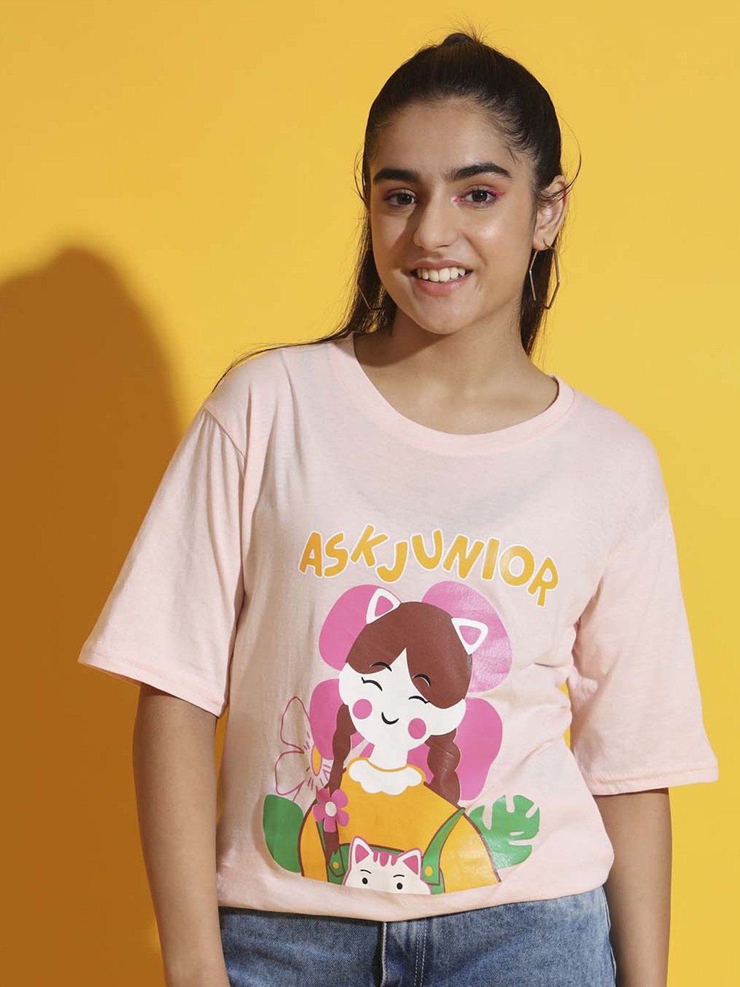 

Nick and Jones Girls Graphic Printed Drop-Shoulder Sleeves Pure Cotton Oversized T-shirt, Peach