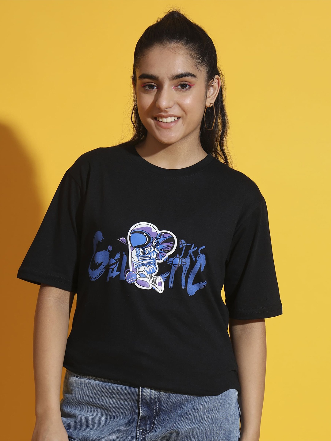 

Nick and Jones Girls Graphic Printed Drop-Shoulder Sleeves Pure Cotton Oversized T-shirt, Black