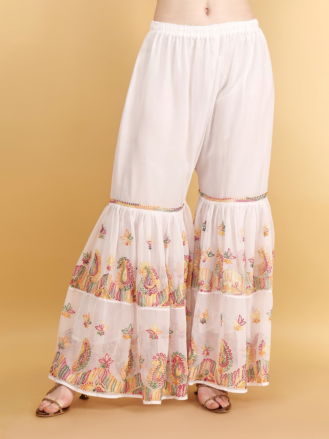 

Syrish Paisley Embroidered Flared Ethnic Palazzos, White