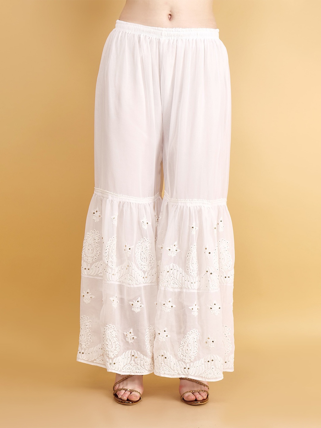 

Syrish Ethnic Motifs Hem Design Flared Ethnic Palazzos, White
