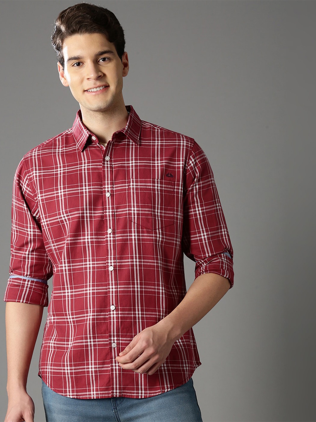 

British Club Smart Slim Fit Tartan Checked Spread Collar Pure Cotton Casual Shirt, Red