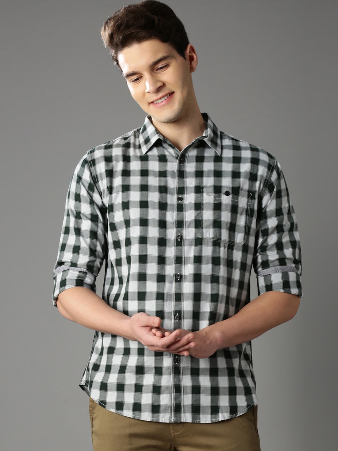 

British Club Smart Slim Fit Gingham Checks Pure Cotton Casual Shirt, Olive