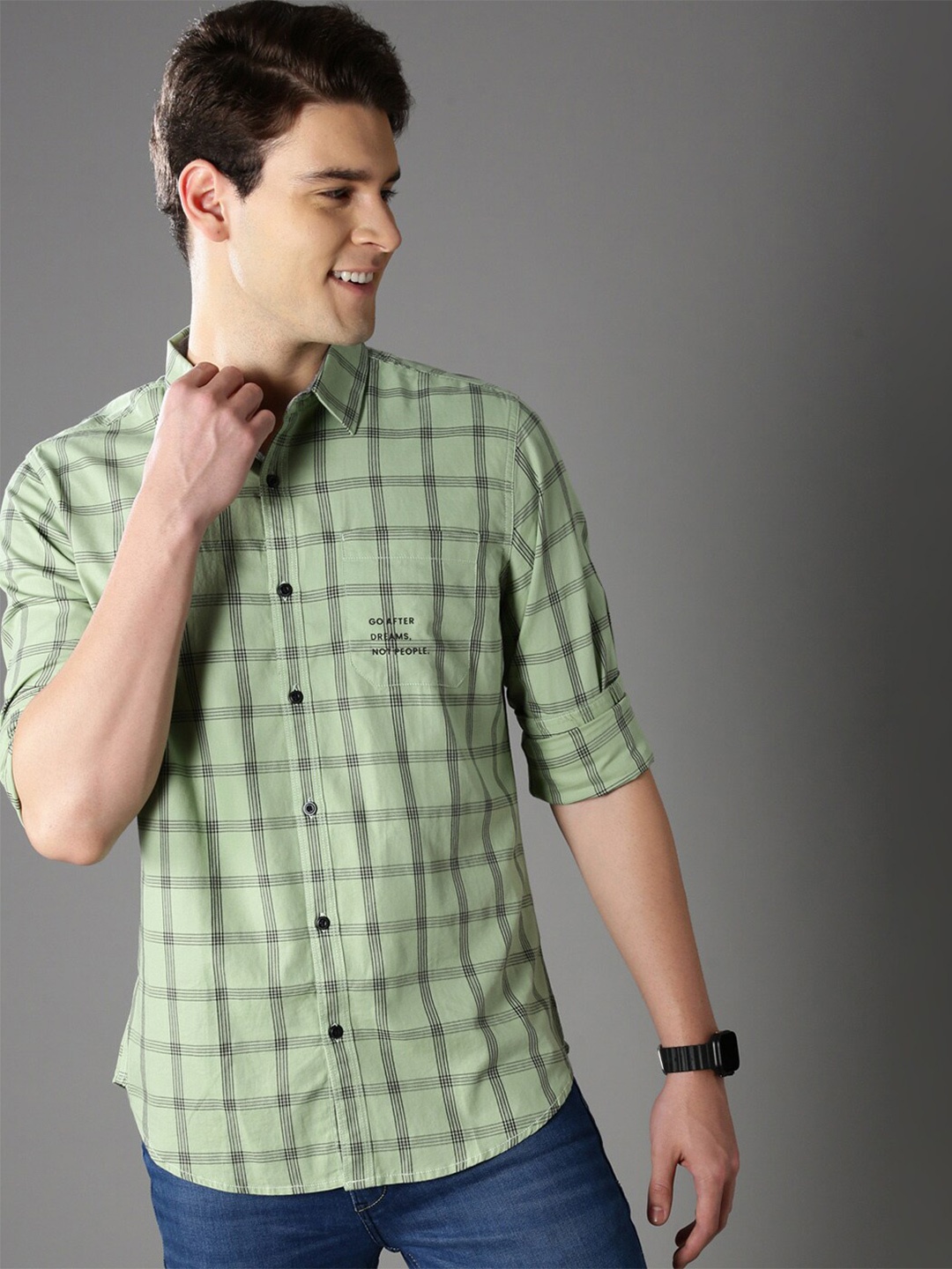 

British Club Smart Slim Fit Checked Pure Cotton Casual Shirt, Green