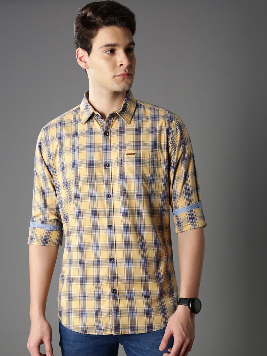 

British Club Smart Slim Fit Tartan Checked Spread Collar Pure Cotton Casual Shirt, Yellow