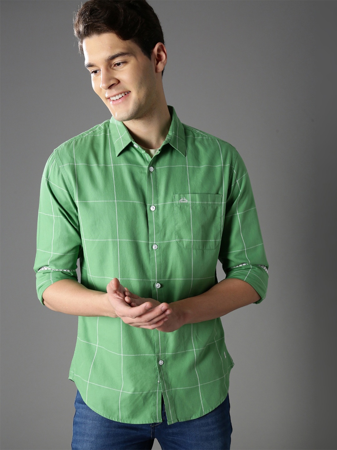 

British Club Smart Slim Fit Windowpane Checks Pure Cotton Casual Shirt, Green