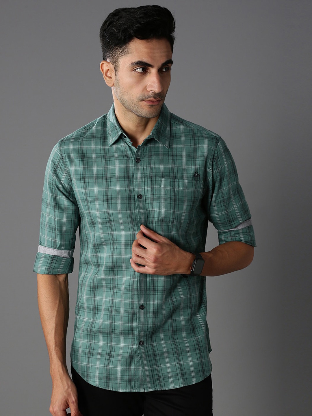 

British Club Smart Slim Fit Tartan Checks Pure Cotton Casual Shirt, Green