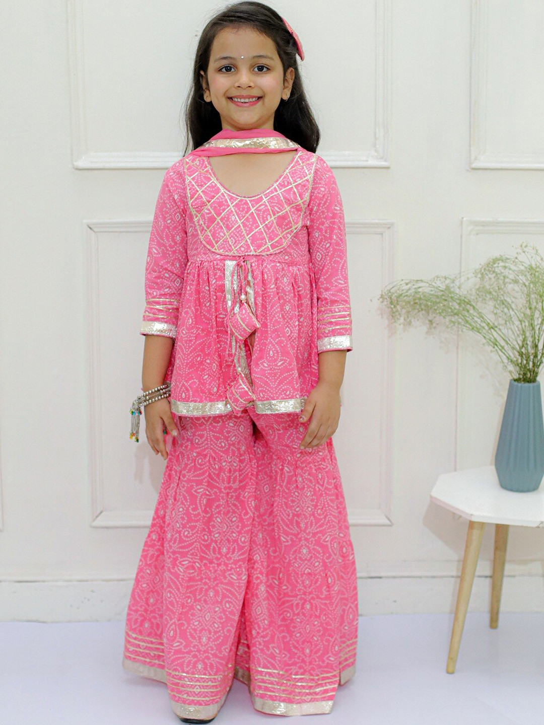 

Ka-mee Girls Bandhani Printed Gotta Patti Pure Cotton Kurti With Sharara & Dupatta, Pink