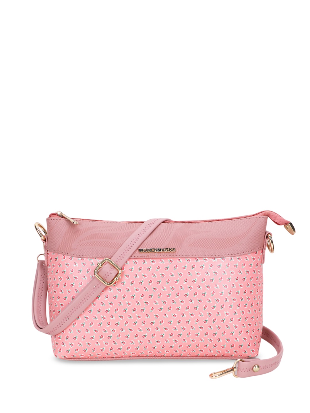 

WOMEN MARKS Floral Printed PU Structured Sling Bag with Cut Work, Peach