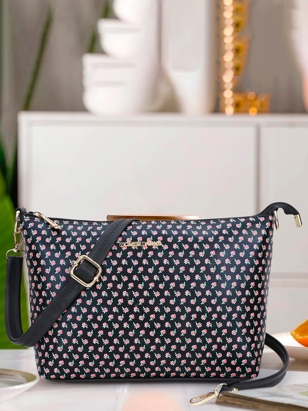 

WOMEN MARKS Floral Printed PU Structured Sling Bag with Cut Work, Black