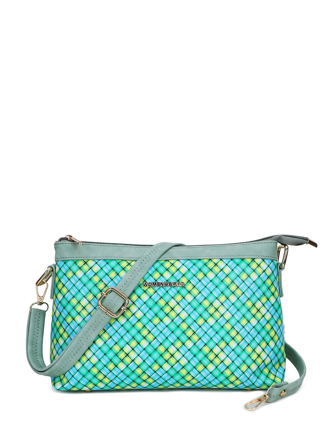 

WOMEN MARKS Geometric Printed PU Structured Sling Bag with Cut Work, Green