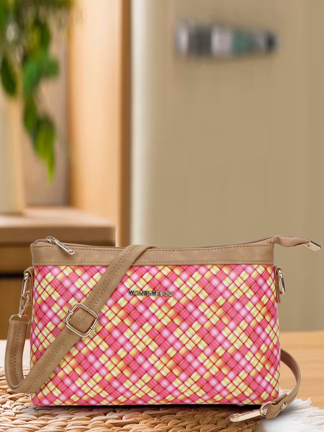 

WOMEN MARKS Geometric Printed Structured Sling Bag, Beige