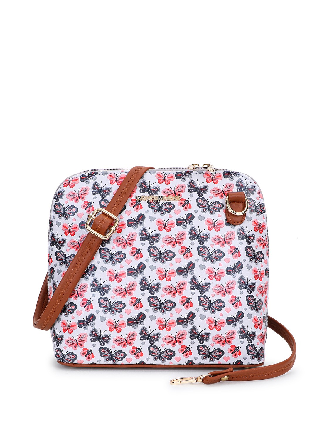 

WOMEN MARKS Floral Printed PU Bucket Sling Bag with Cut Work, Red