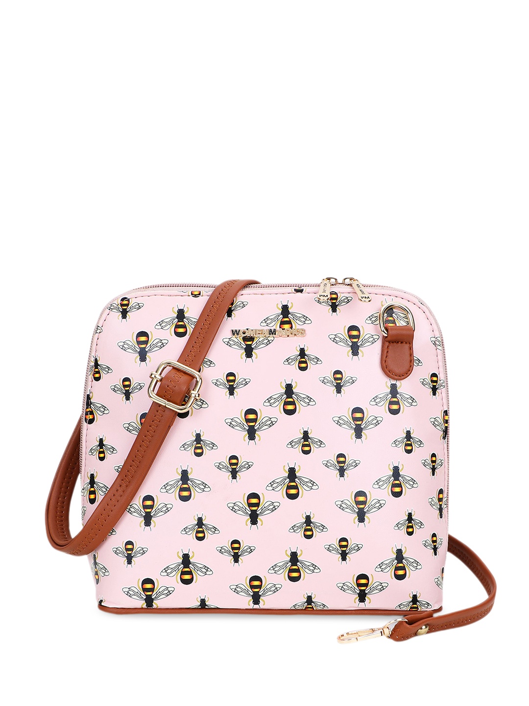 

WOMEN MARKS Floral Printed PU Structured Sling Bag With Cut Work, Peach