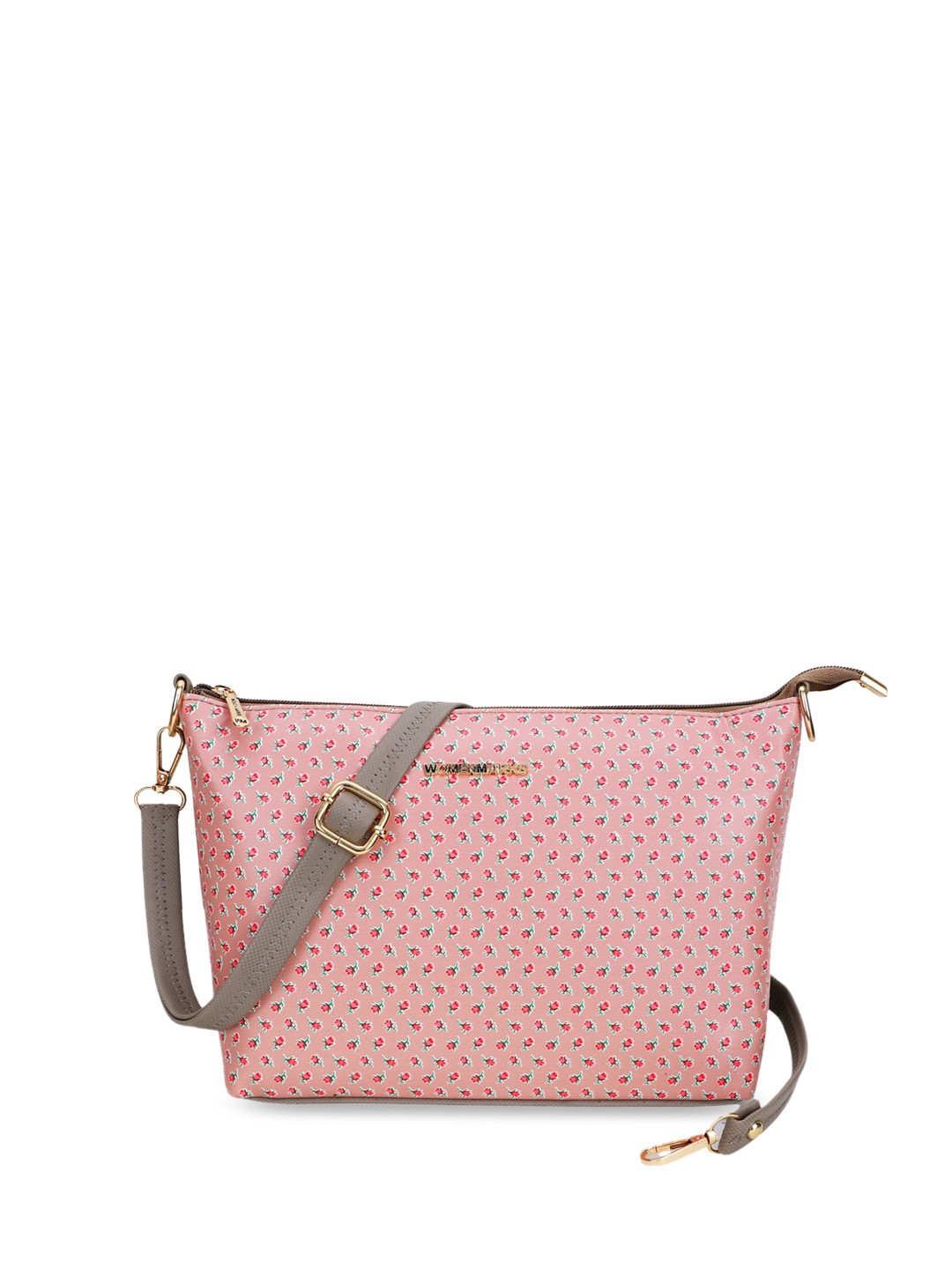 

WOMEN MARKS Floral Printed PU Structured Sling Bag with Cut Work, Pink