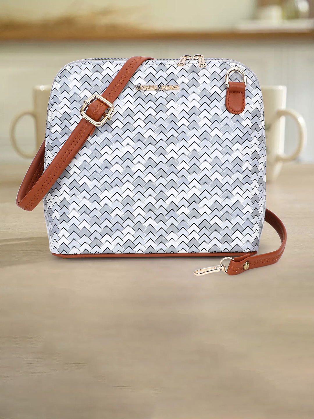 

WOMEN MARKS Geometric Printed Structured Sling Bag, Silver