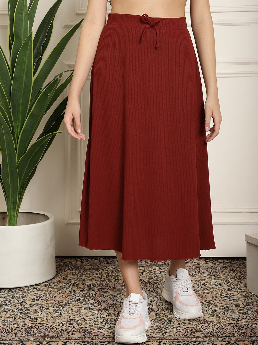 

NEUDIS Ribbed Flared A-Line Midi Skirt, Burgundy