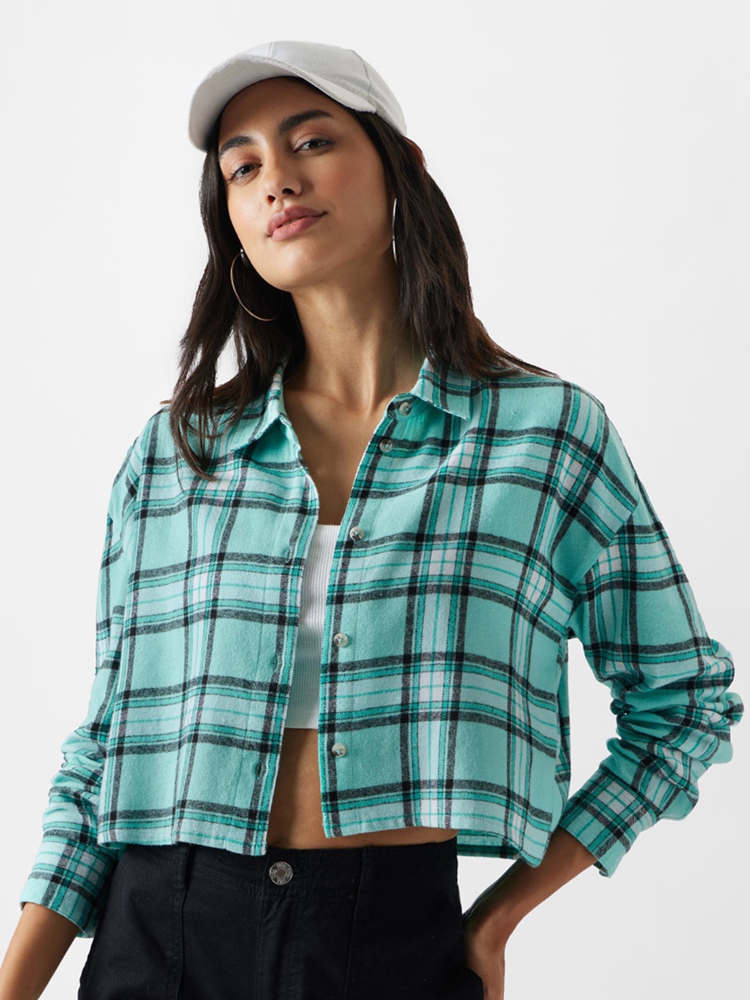 

The Souled Store Relaxed Tartan Checked Crop Casual Shirt, Green