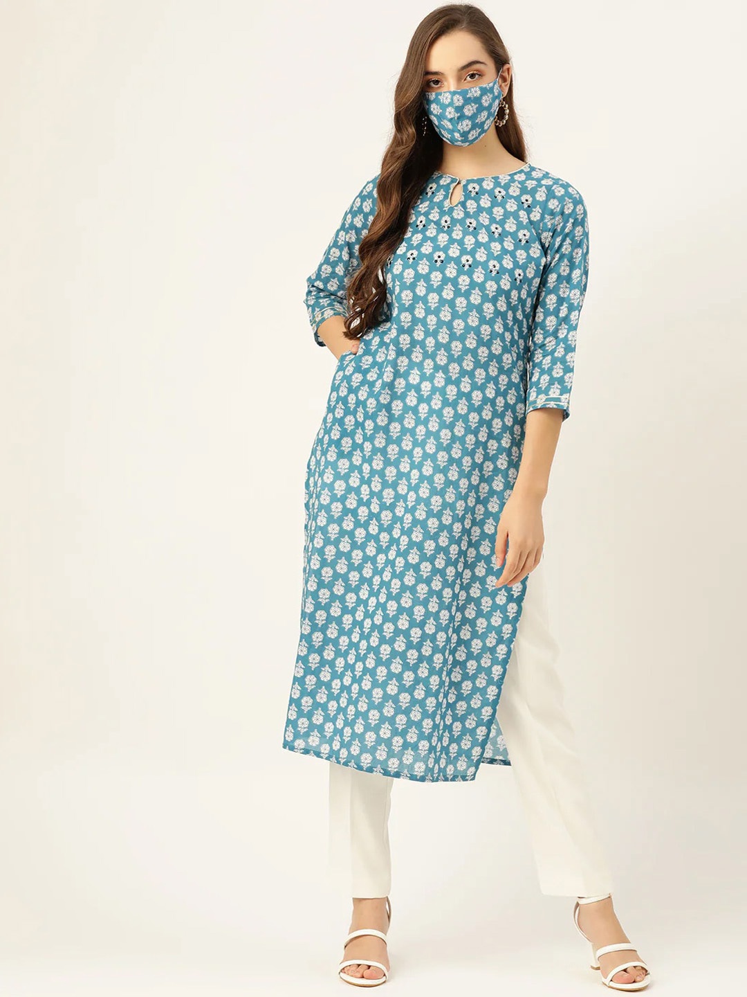 

Maaesa Floral Printed Keyhole Neck Straight Kurta, Blue