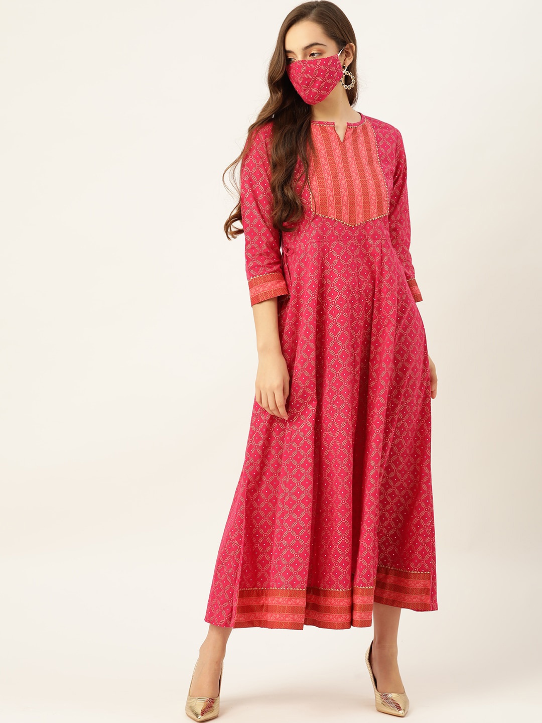 

Maaesa Ethnic Motifs Printed Cotton A Line Ethnic Dress, Pink