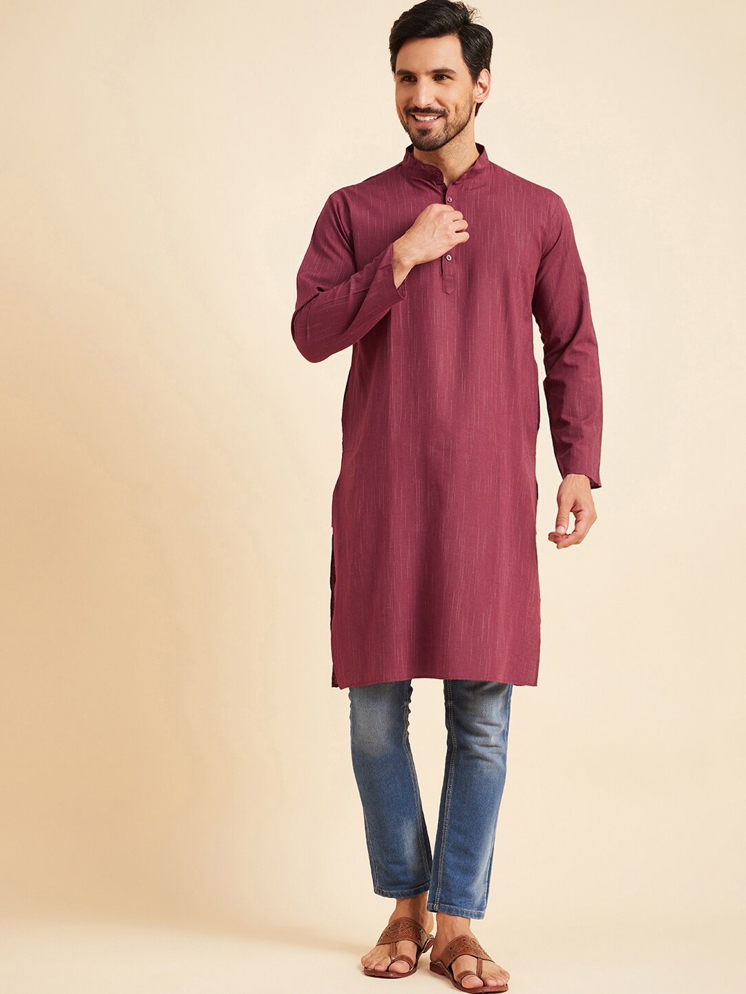 

Sangria Maroon & White Striped Straight Cotton Kurta