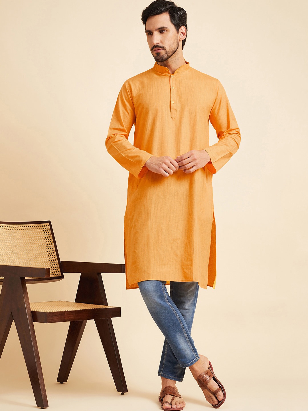 

Sangria Striped Mandarin Collar Straight Pure Cotton Kurtas, Mustard