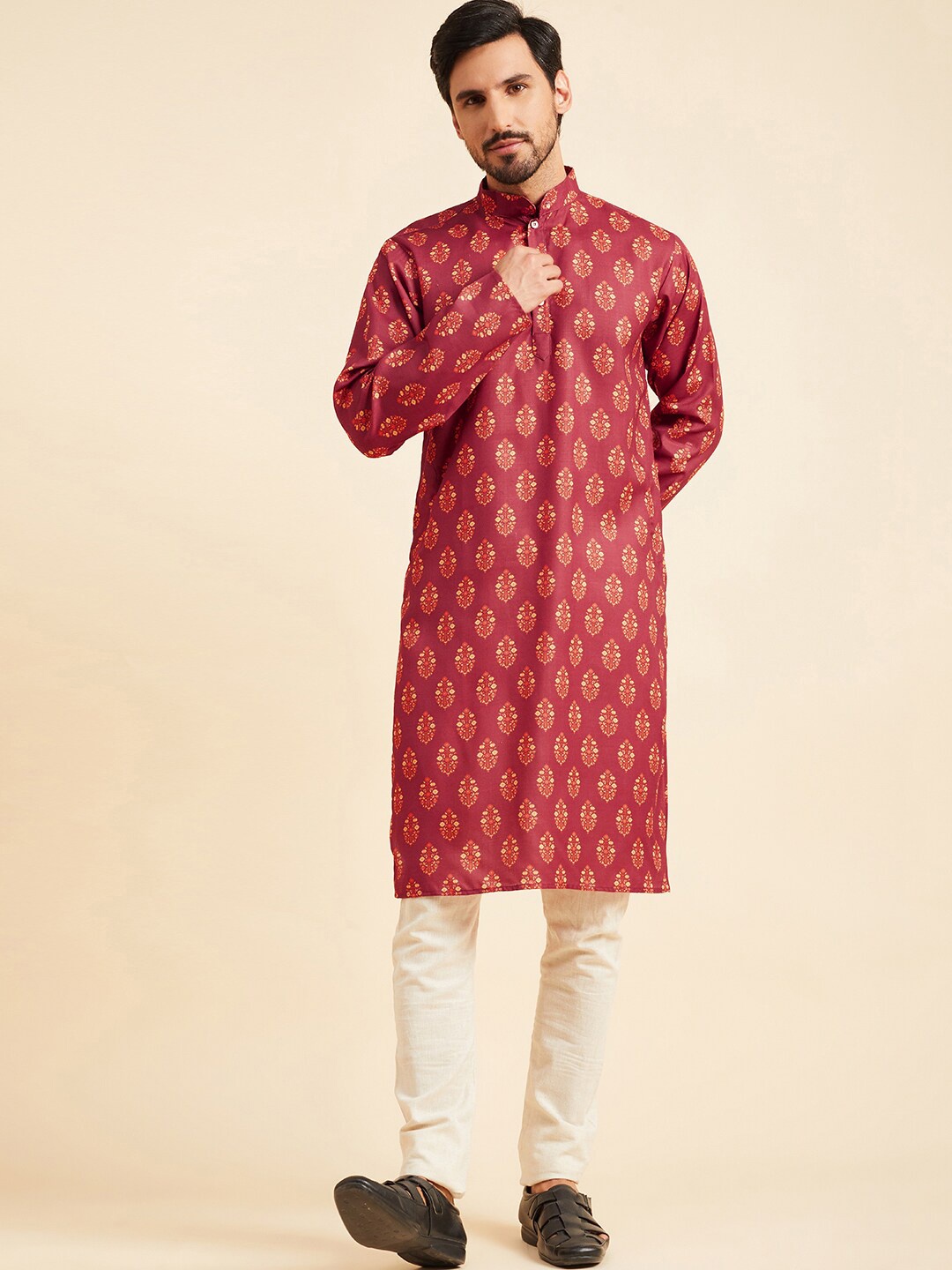 

HERE&NOW Ethnic Motifs Printed Straight Cotton Kurta, Red