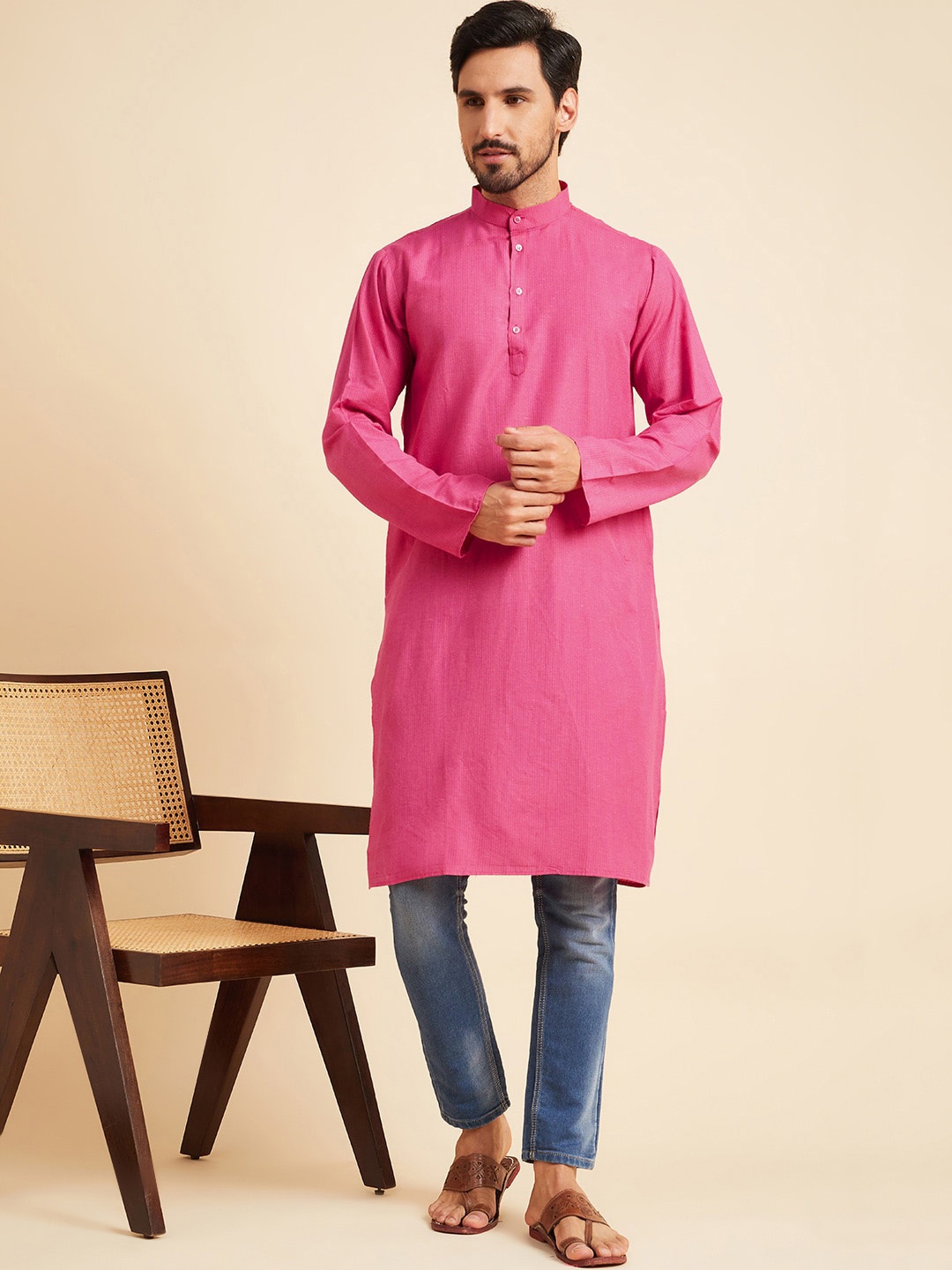 

HERE&NOW Striped Band Collar Straight Cotton Kurta, Pink