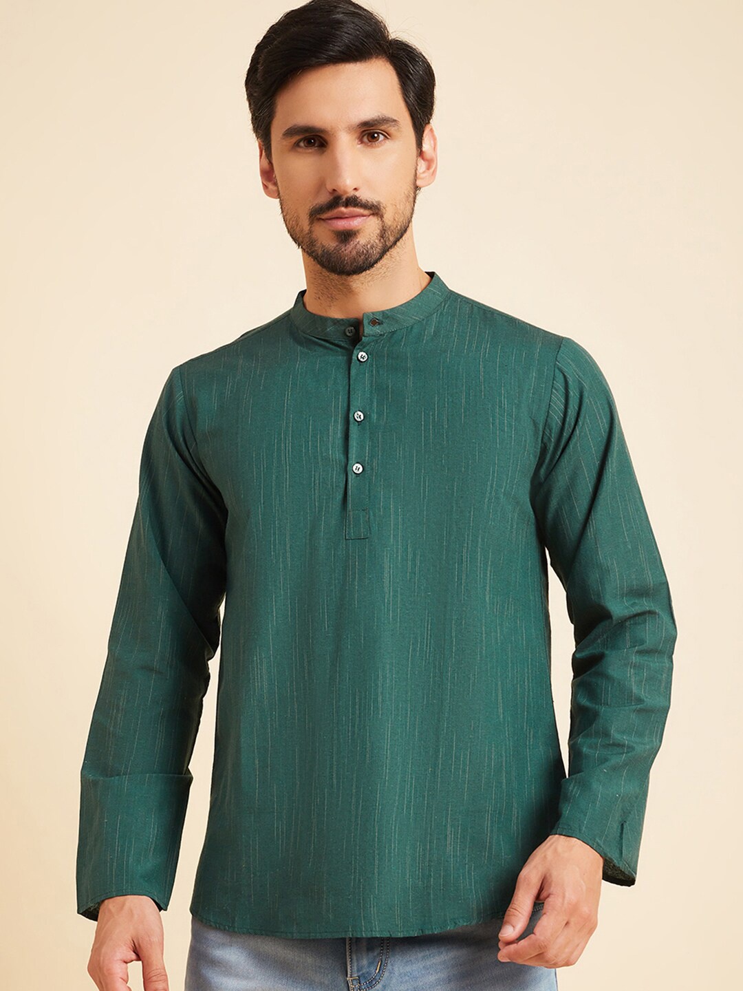 

HERE&NOW Striped Band Collar Straight Cotton Kurta, Green