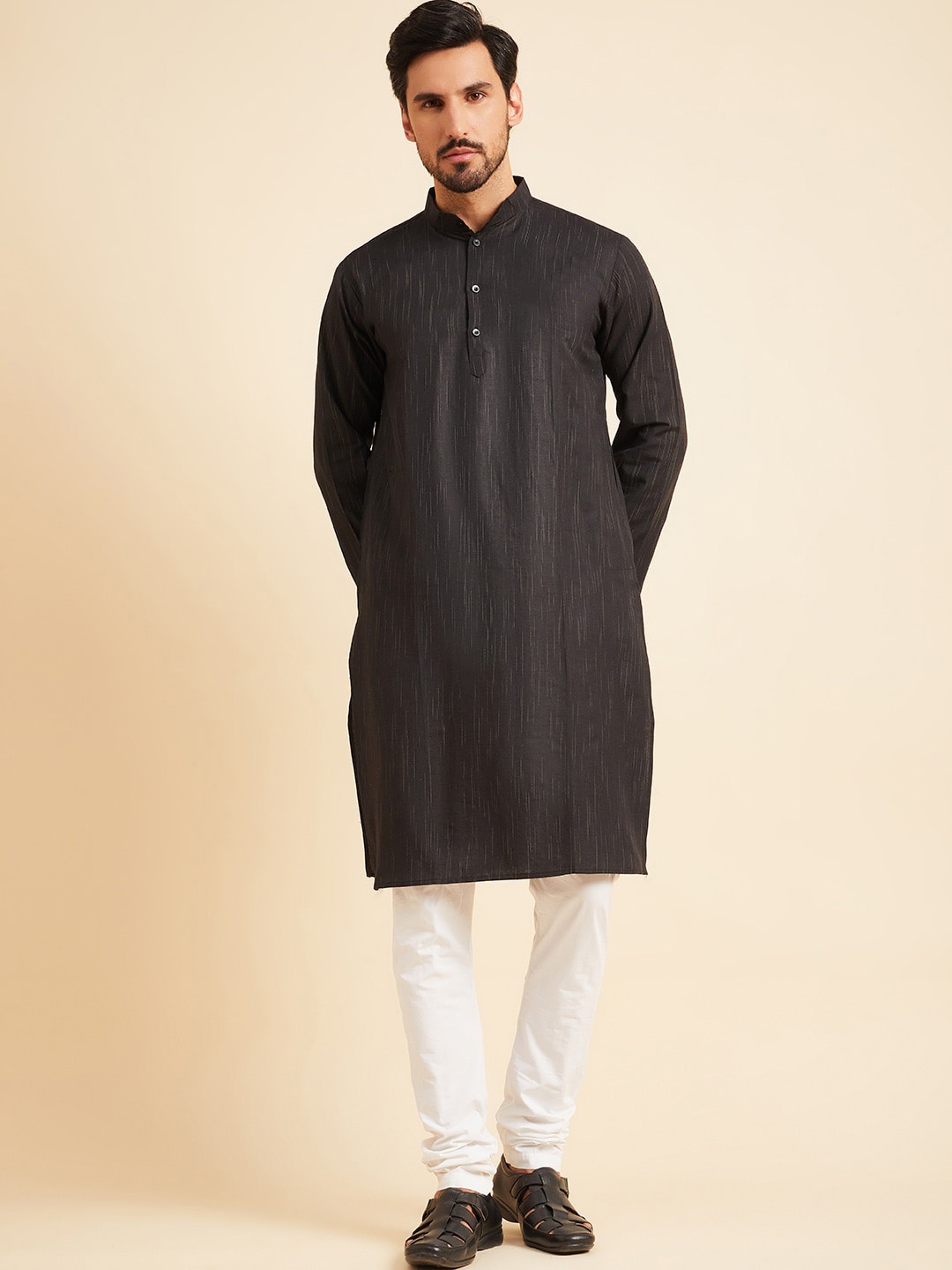 

HERE&NOW Striped Band Collar Straight Cotton Kurta, Black