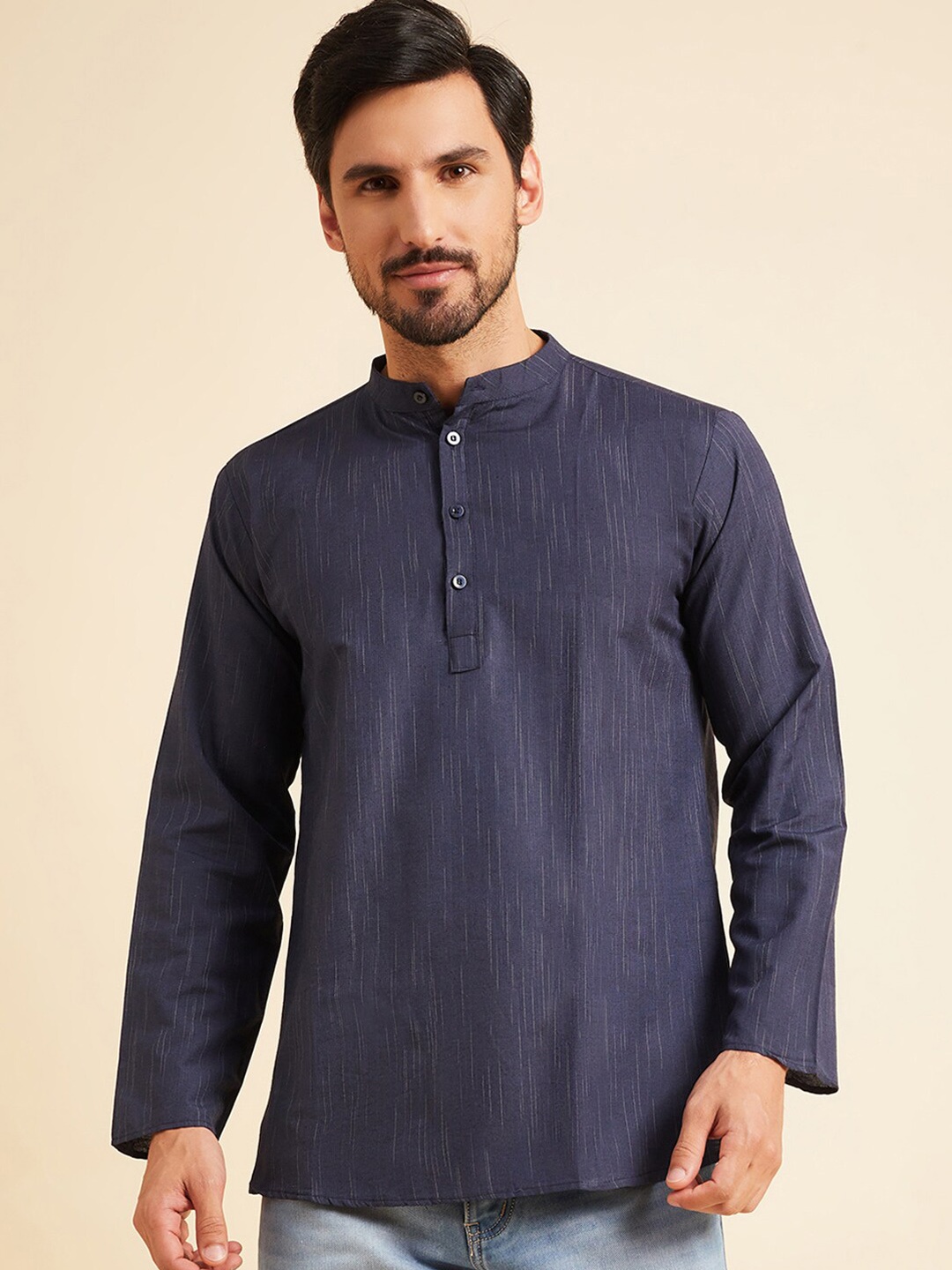 

HERE&NOW Grey Band Collar Long Sleeves Straight Kurta