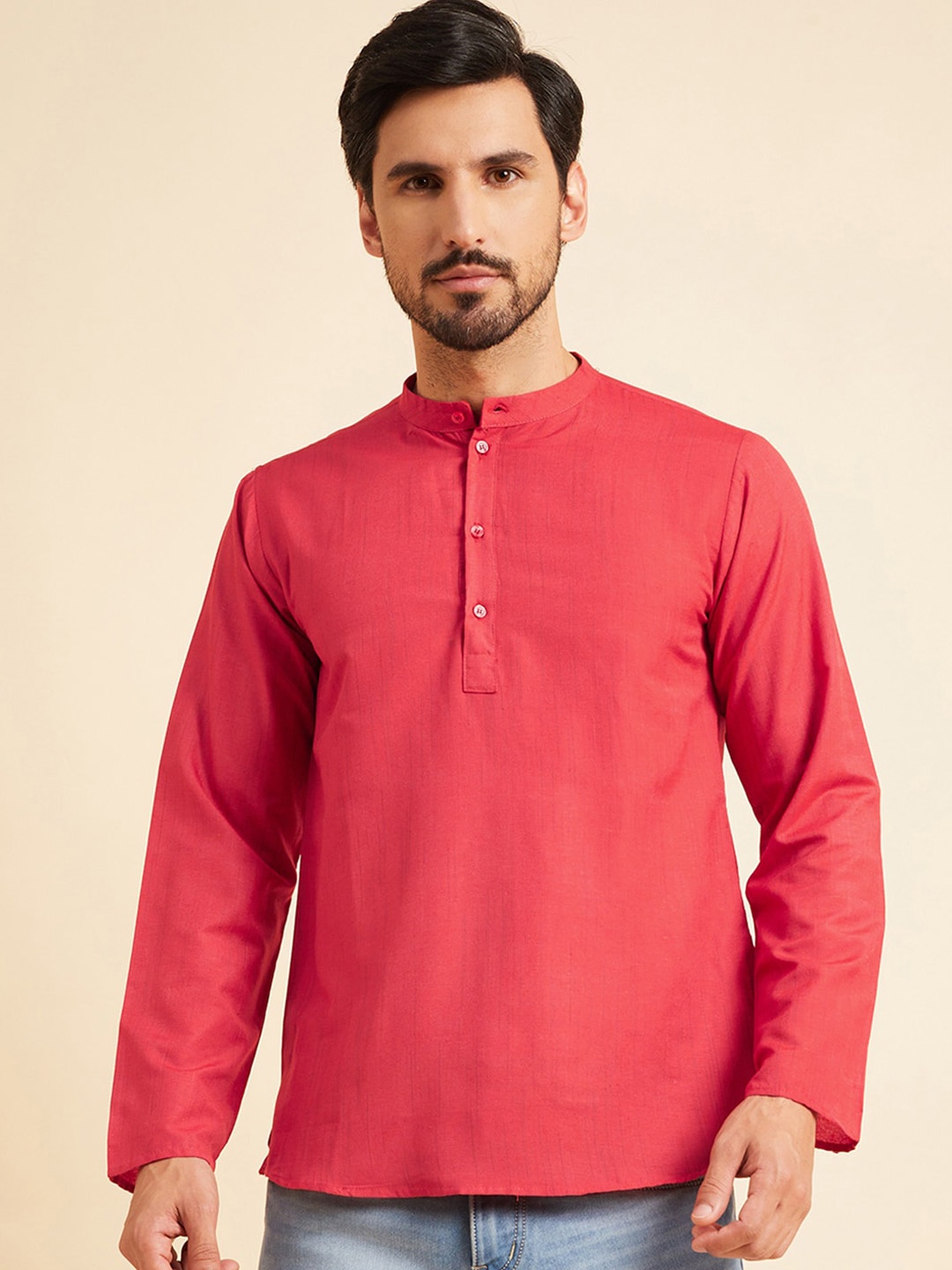 

HERE&NOW Red Band Collar Regular Cotton Kurta