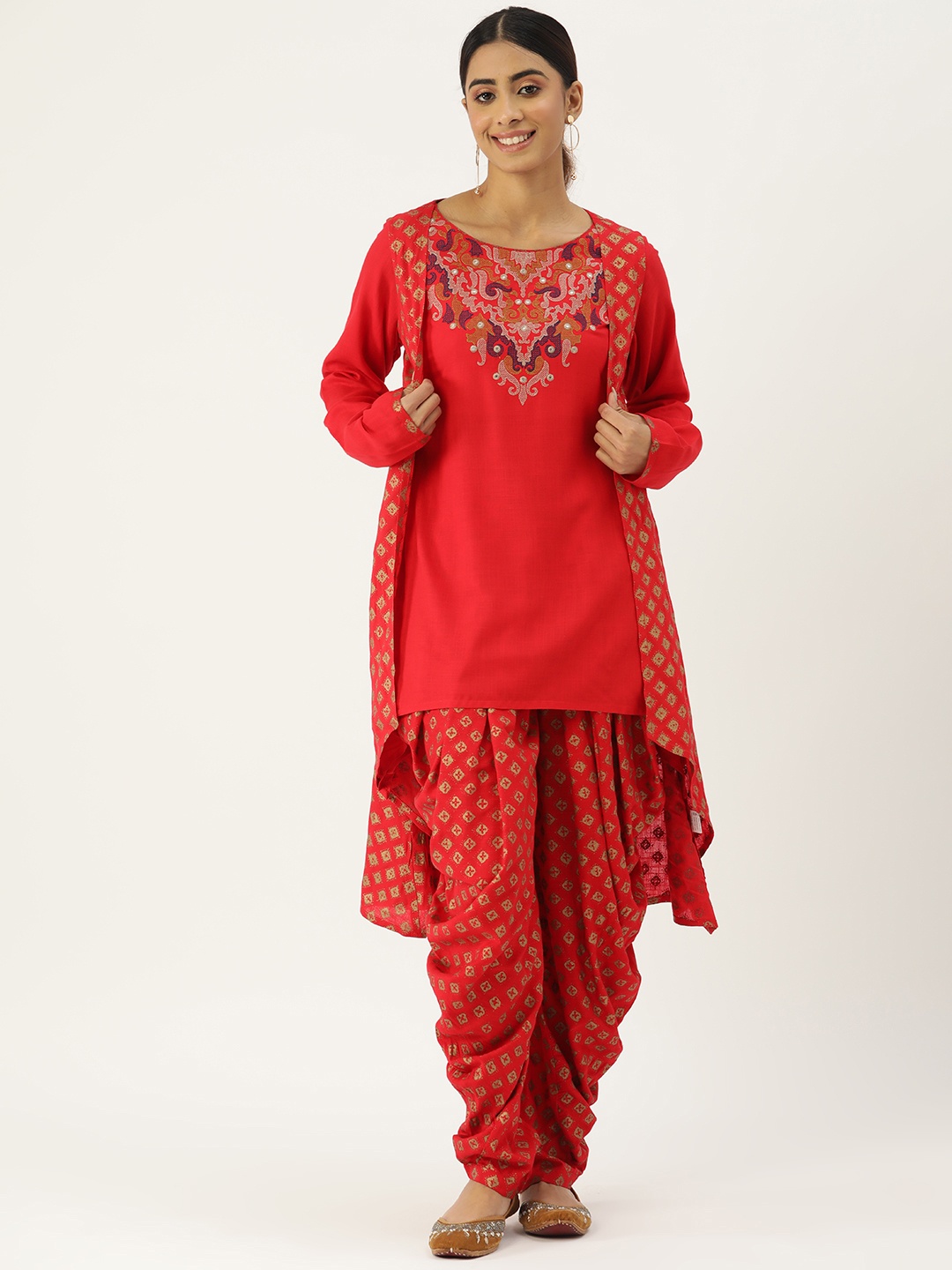 

Rue Collection Women Embroidered Mirror Work Cotton Kurti with Dhoti Pants & With Shrug, Red