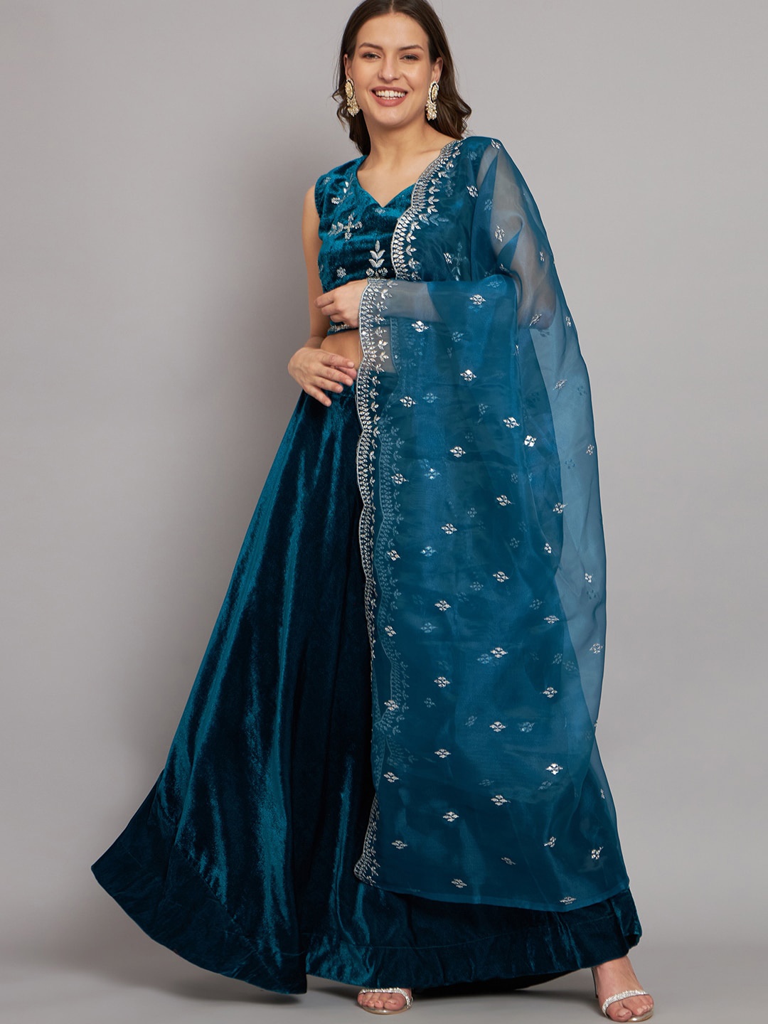 

KALINI Embellished Sequinned Ready to Wear Lehenga & Blouse With Dupatta, Teal