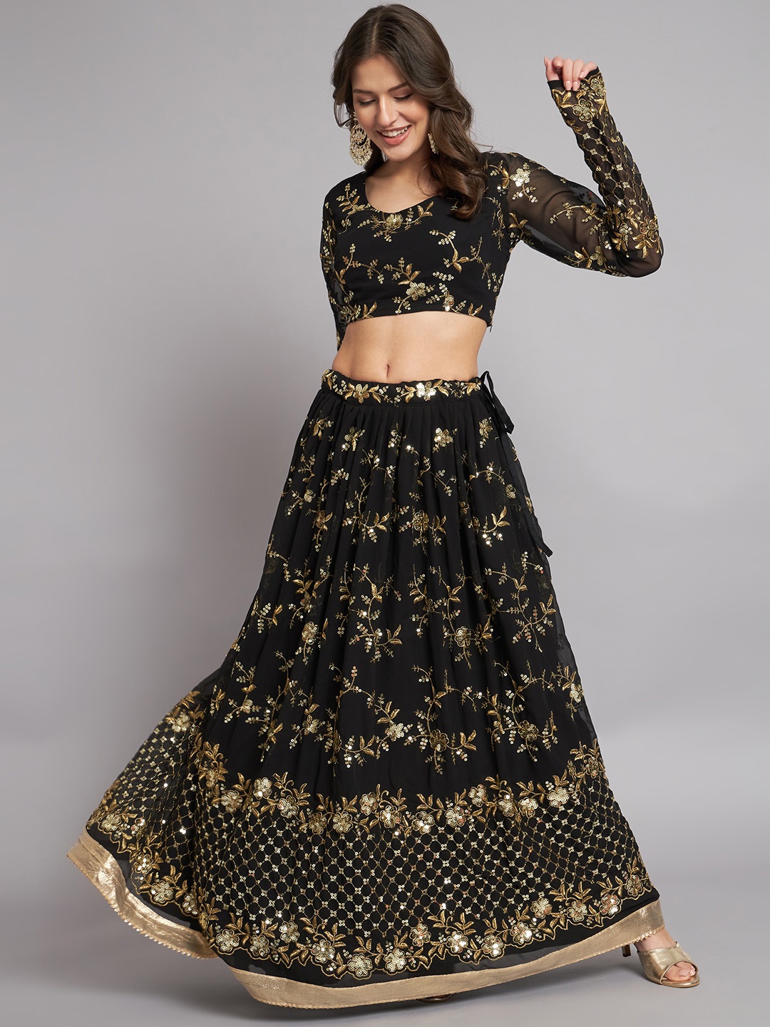 

KALINI Embellished Ready to Wear Lehenga & Unstitched Blouse, Black