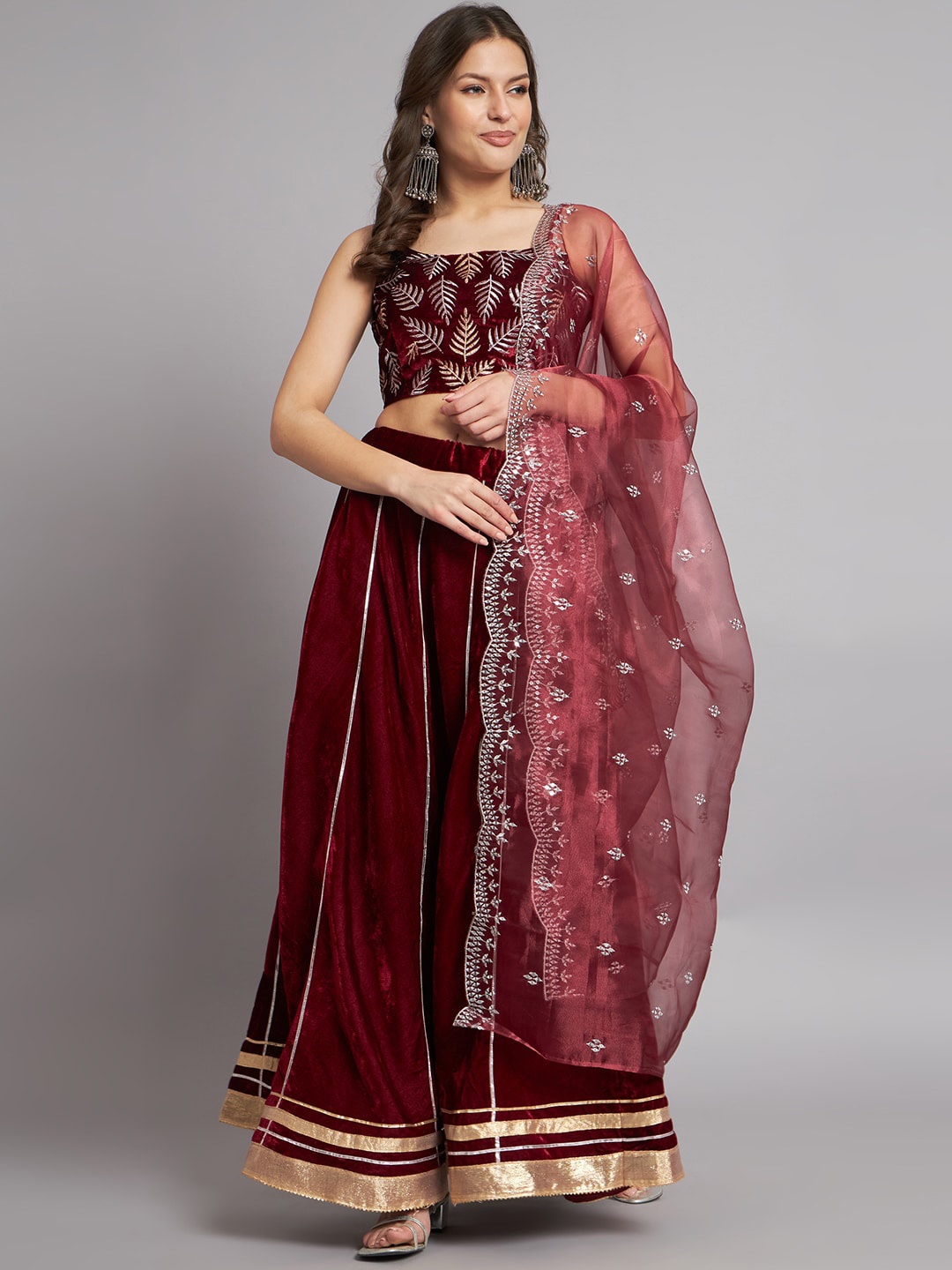 

KALINI Embroidered Thread Work Ready to Wear Lehenga & Unstitched Blouse With Dupatta, Maroon