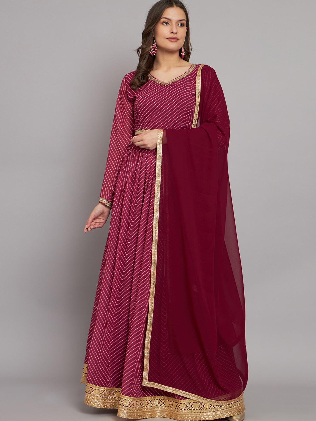 

KALINI Printed Ready to Wear Lehenga & Blouse With Dupatta, Burgundy