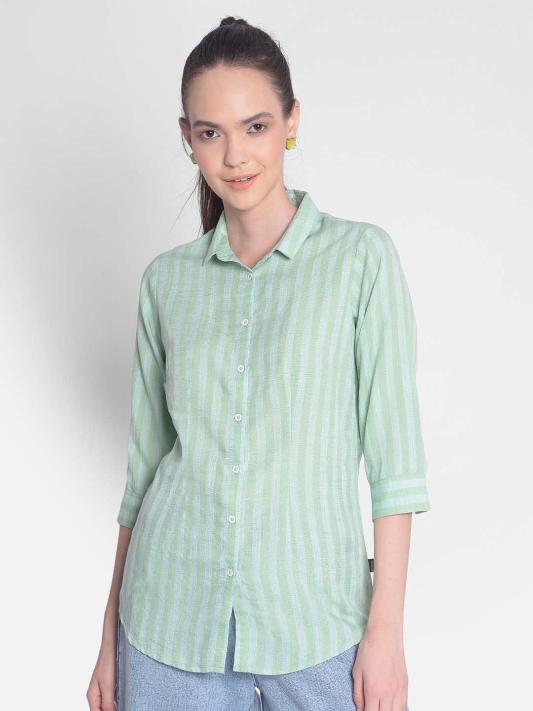 

Crimsoune Club Slim Fit Vertical Striped Lyocell Casual Shirt, Green