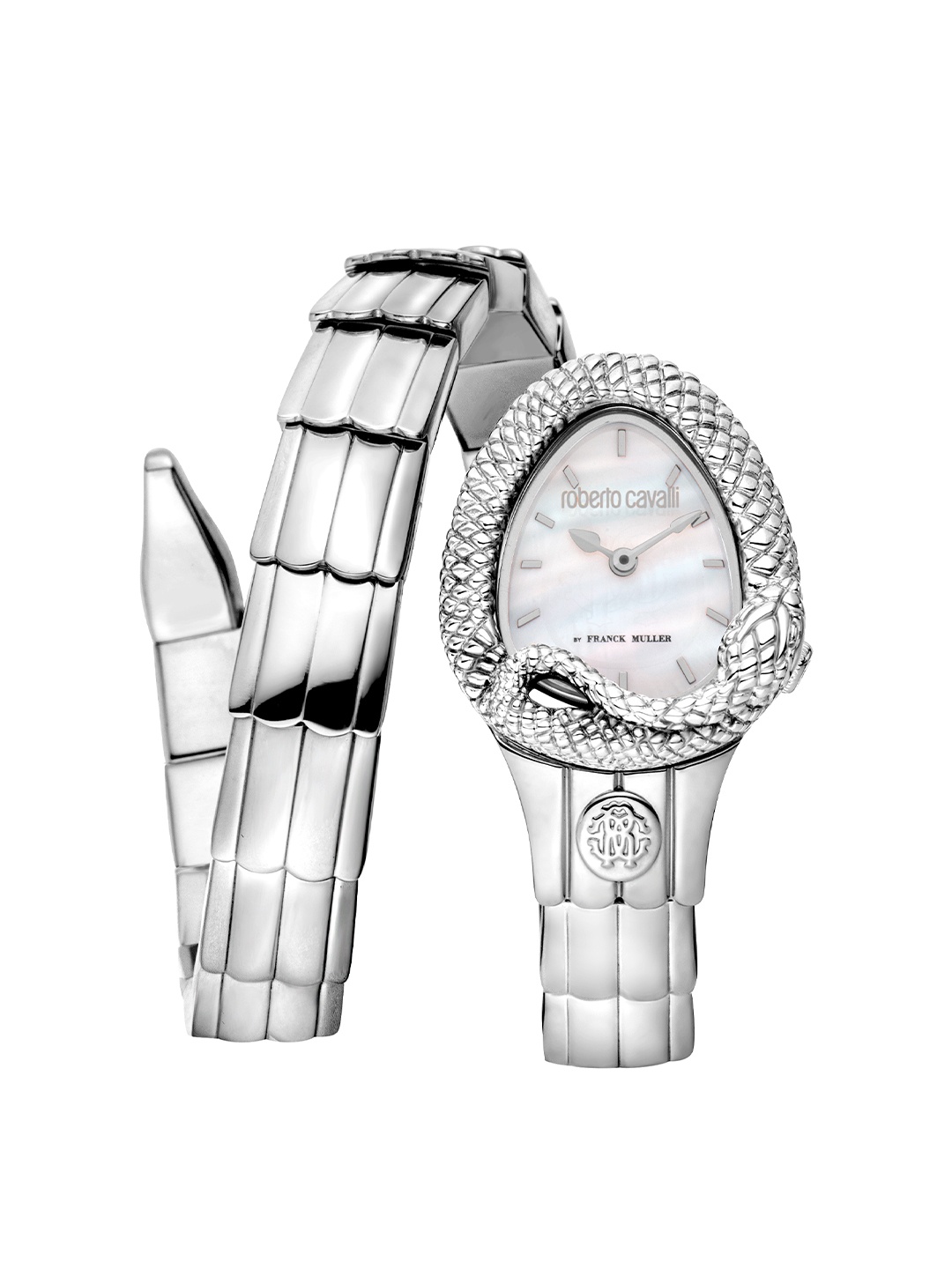 

Roberto Cavalli by Franck Muller Women White Embellished Dial & Silver Toned Stainless Steel Bracelet Style Watch