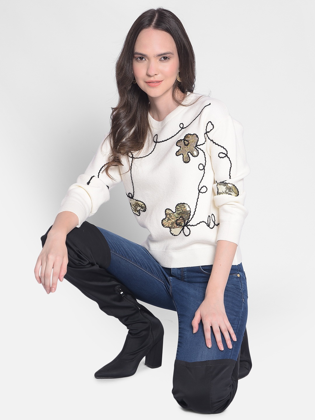 

Crimsoune Club Abstract Self Design Embellished Pullover Sweater, White