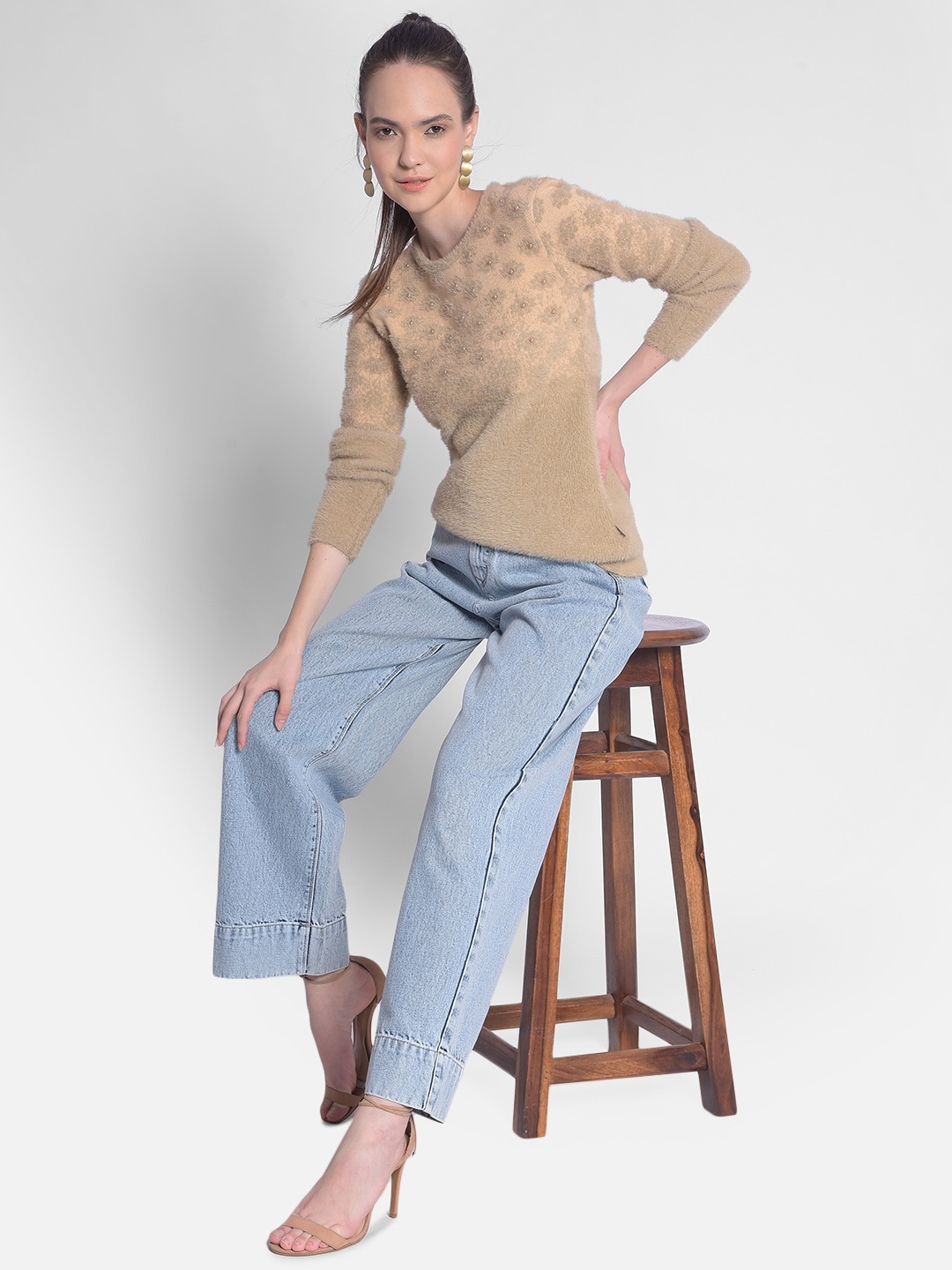 

Crimsoune Club Geometric Self Design Beads And Stones Pullover Sweater, Beige