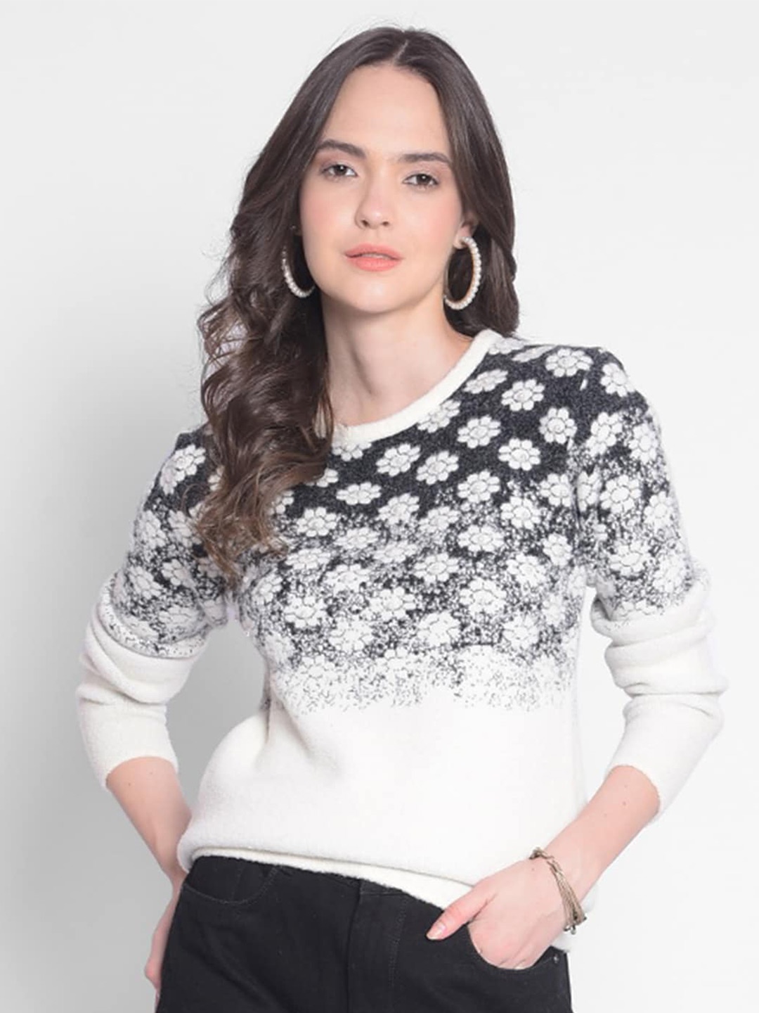 

Crimsoune Club Floral Printed Pullover Sweater, White