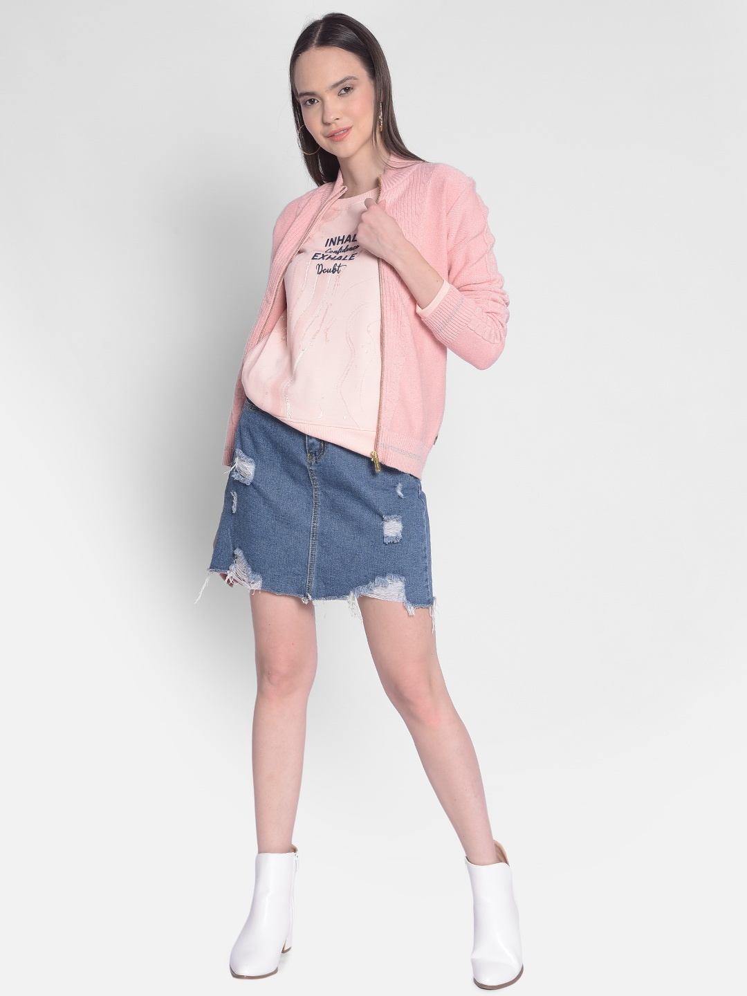 

Crimsoune Club Cable Knit Self Design Mock Collar Cardigan Sweater, Peach
