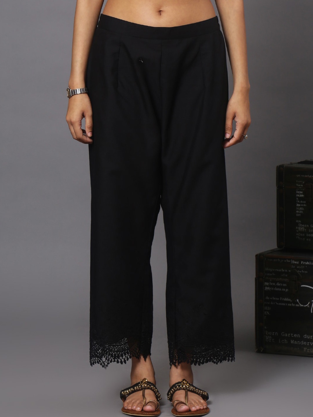 

Spring Soul Ethnic Motifs Hem Design Cotton Straight Palazzos, Black