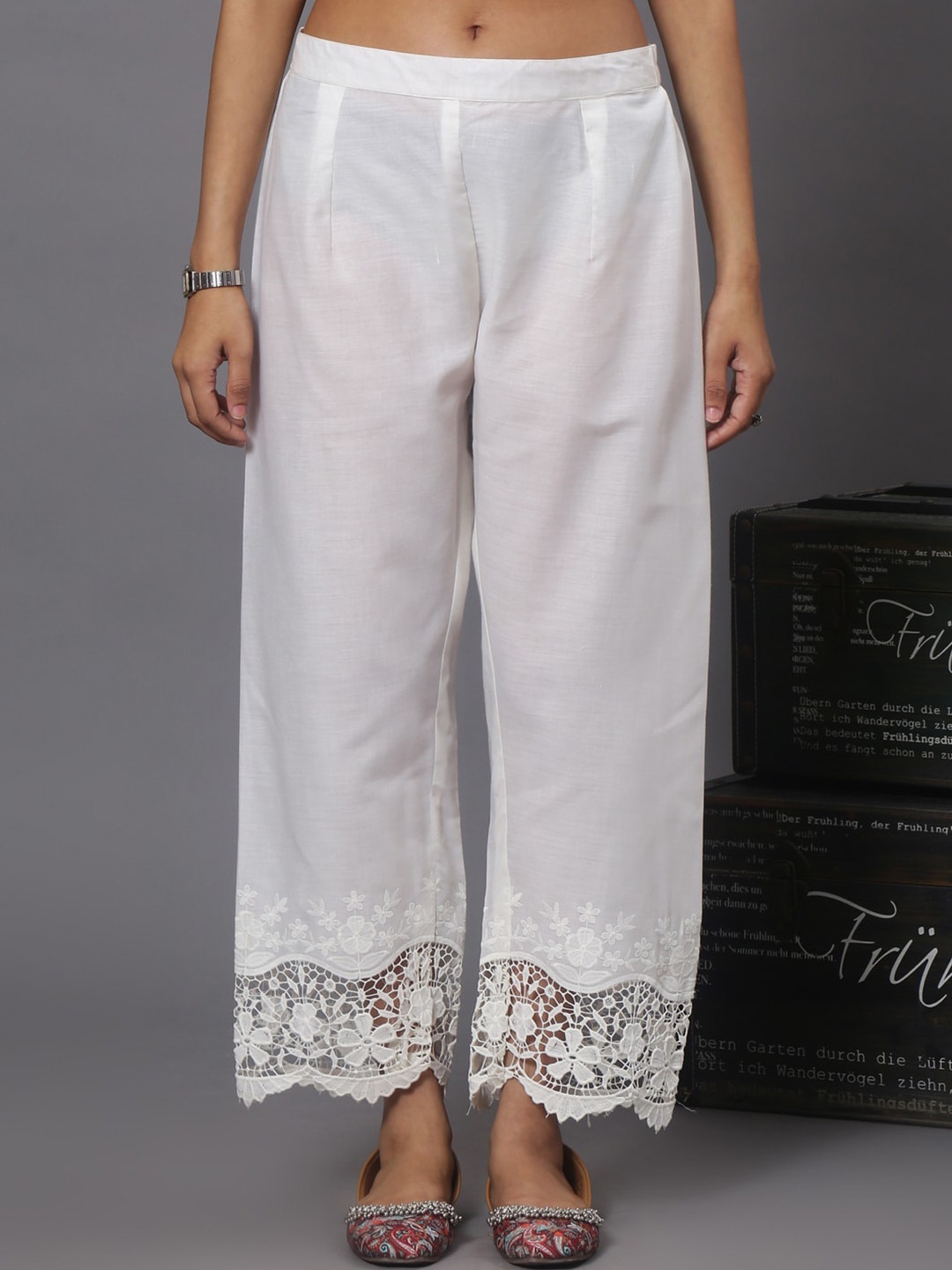 

Spring Soul Floral Hem Design Wide Leg Palazzos, White